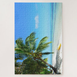 やしを搭載する白いビーチの黄色いカヤック ジグソーパズル