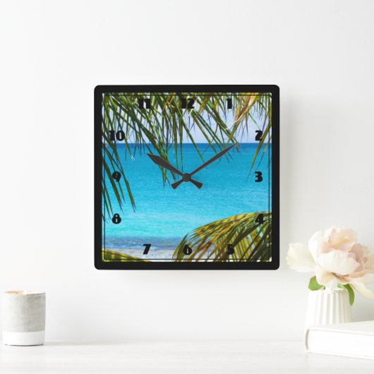 やし葉状体と組み立てられる熱帯ビーチ スクエア壁時計 (ホーム)
