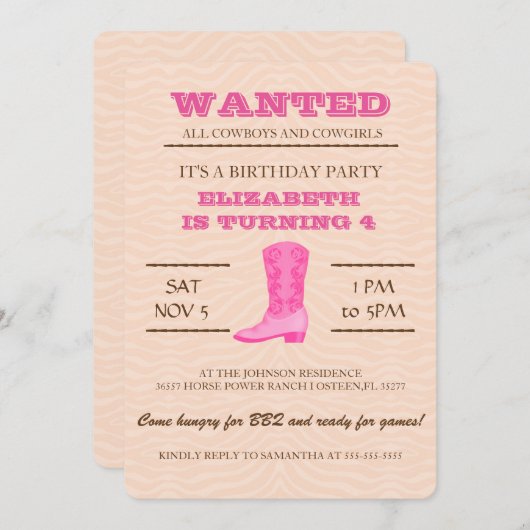 やったぞ！ピンク女性のカーボーイ誕生日パーティーの招待 招待状 (正面/裏面)