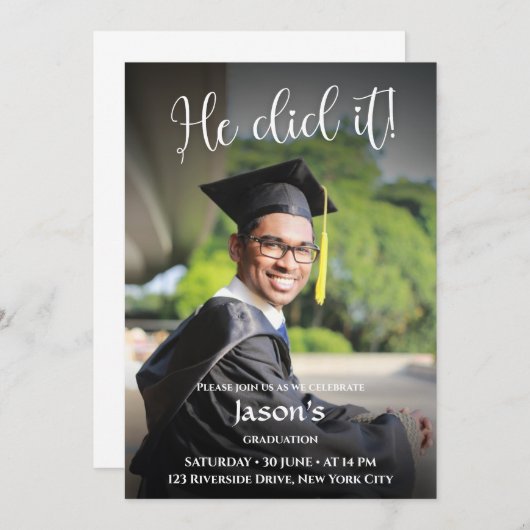 やったぞ！黒グラデーション写真卒業 招待状 (正面/裏面)