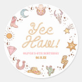 やったな!ウエスタンディスコ女性のカーボーイ誕生日パーティー ラウンドシール (正面)