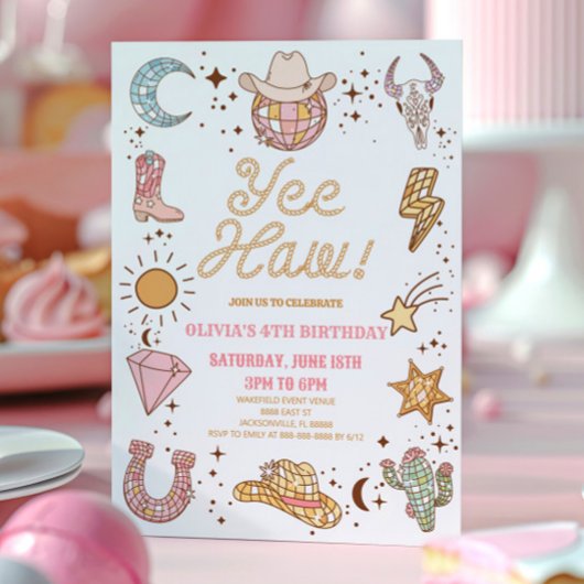 やったな！レトロディスコ女性のカーボーイロデオバースデーパーティー 招待状
