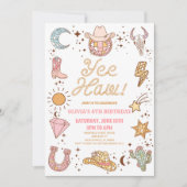 やったな！レトロディスコ女性のカーボーイロデオバースデーパーティー 招待状 (正面)