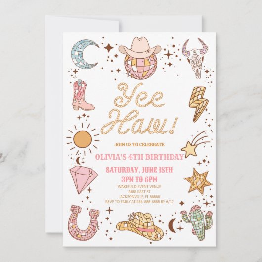 やったな！レトロディスコ女性のカーボーイロデオバースデーパーティー 招待状 (正面)