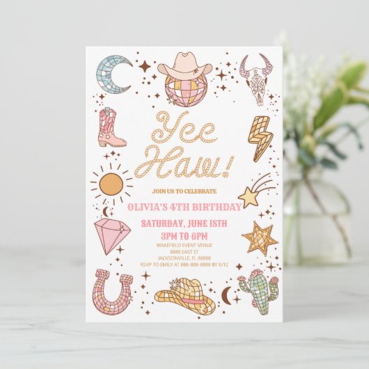やったな！レトロディスコ女性のカーボーイロデオバースデーパーティー 招待状 (スタンド正面)