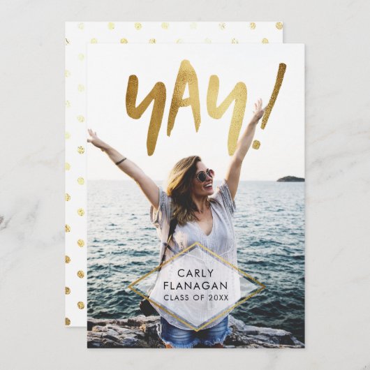 やった！金ゴールドスクリプトの卒業お祝いパーティー 招待状 (正面/裏面)