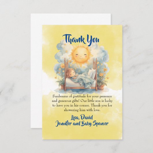 「やって来たよ 赤ちゃんの男の子」ベビーシャワーの感謝カード 招待状 (正面/裏面)