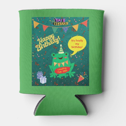 やっと私の誕生日2月29日のカエル紙吹雪 缶クーラー (正面)