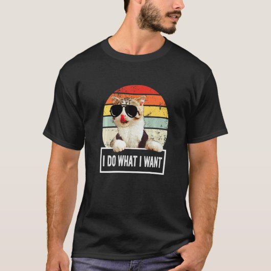 やりたい放題のクールキャット レトロ風 Tシャツ (正面)