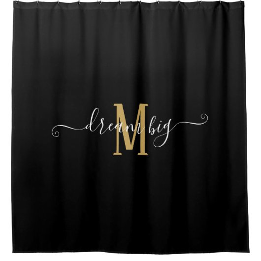 やる気を起こさせることわざドリームビッグモノグラムブラック金ゴールド シャワーカーテン (正面)