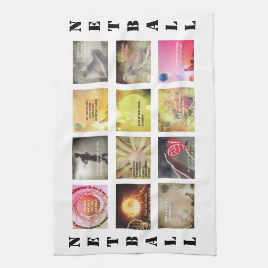 やる気を起こさせるな写真および引用文のネットボールのテーマ キッチンタオル (縦)