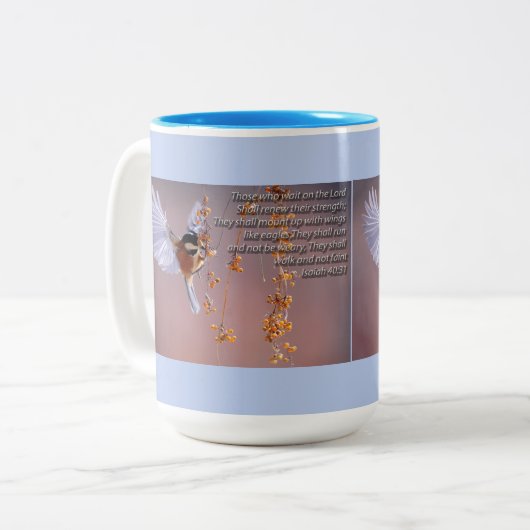 やる気を起こさせるな鳥との聖書の詩のアイザイアの40:31 ツートーンマグカップ (正面左)