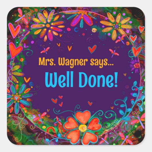 やる気を起こさせるパーソナライズされたハートフローラ先生 スクエアシール (正面)