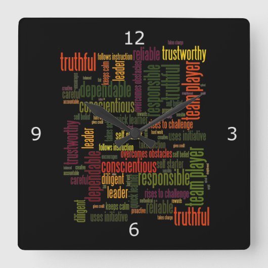 やる気を起こさせる単語#4の前向き値 スクエア壁時計 (正面)