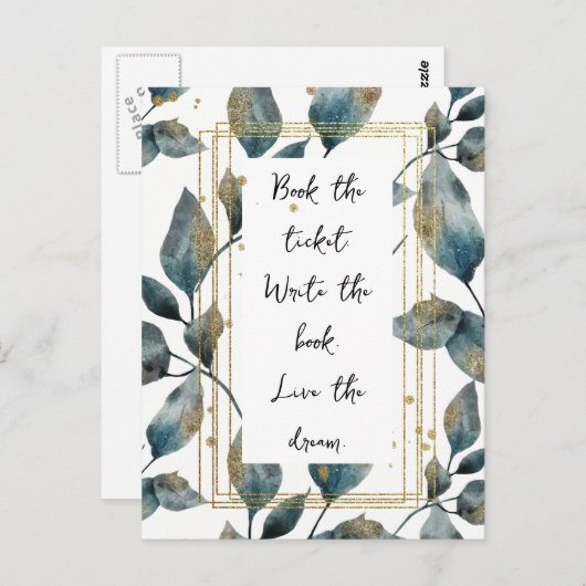 やる気を起こさせる引用文金ゴールドフレームと葉 ポストカード (正面/裏面)