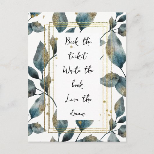 やる気を起こさせる引用文金ゴールドフレームと葉 ポストカード (正面)