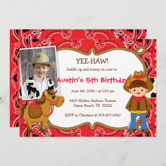 やれやれカウボーイをテーマにしたバースデーパーティ招待状 招待状 (正面/裏面)