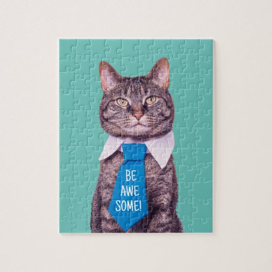 「やれ素晴らし!」 Cat in Blue Tie、ティール(緑がかった色)、メッセージ ジグソーパズル (縦)