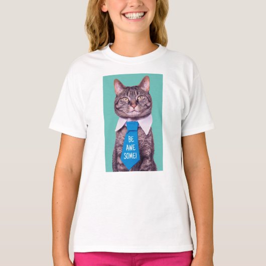 「やれ素晴らし!」 Cat in Blue Tie、ティール（緑がかった色）、メッセージ Tシャツ (正面)