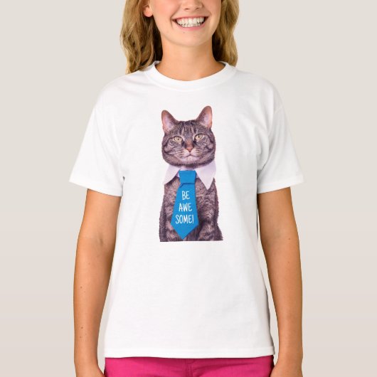 「やれ素晴らし!」 Cat in Blue Tie、メッセージ Tシャツ (正面)