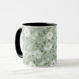 やわらかなグリーンの花のクリーム色のフラワーパターン マグカップ