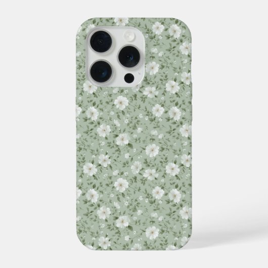 やわらかなグリーンの花のクリーム色のフラワーパターン iPhoneケース (裏面)