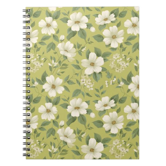 やわらかなグリーンの花のクリーム色の花柄 ノートブック (正面)