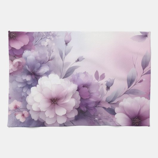 やわらかなパステルカラーの花の水彩画 キッチンタオル (横)