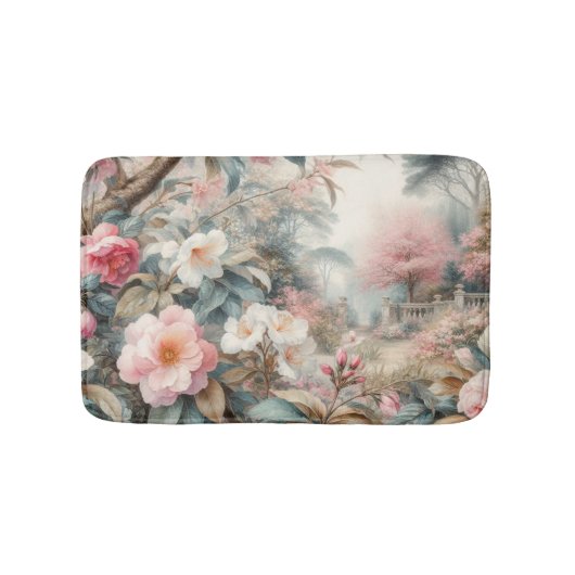 やわらかなパステルカラーの花の水彩画 バスマット (正面)