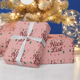やわらかなピンクのプレイフル'ナイスリスト'クリスマスタイポグラフィ ラッピングペーパー