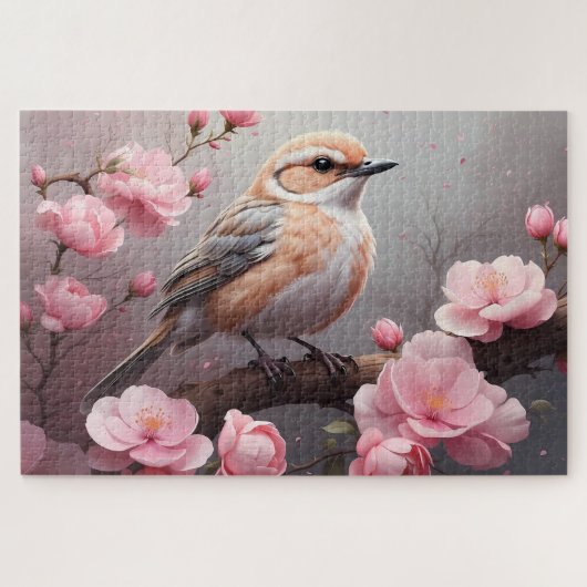 やわらかなベージュの鳥とピンクの花 ジグソーパズル (横)