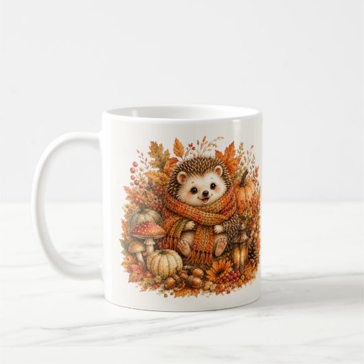やわらかな水彩画のハリネズミと紅葉のイラスト コーヒーマグカップ (左)