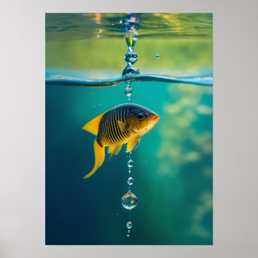 やわらかな波紋とともに魚に変身する水滴 ポスター (正面)