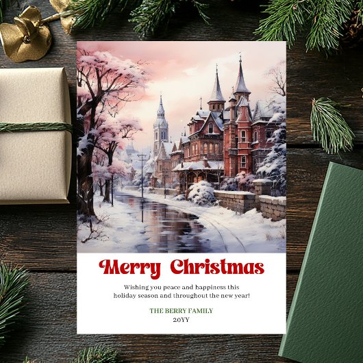 やわらかな田舎風クリスマスシーンとあそび心のあるレタリング シーズンカード
