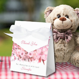 やわらかな花柄のピンクのテディベア ベビーシャワー フェイバーボックス
