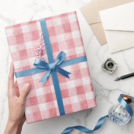 やわらかフェミニンピンクの白いチェックストライプの誕生日 ラッピングペーパー