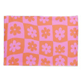 ゆがんだレトロピンクオレンジ色の花をチェック盤に 枕カバー (裏面)