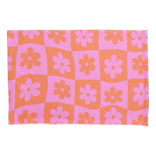 ゆがんだレトロピンクオレンジ色の花をチェック盤に 枕カバー (正面)