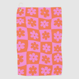 ゆがんだ市松模様のレトロフラワー ピンク オレンジ ゴルフタオル