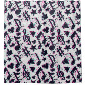 ゆがんだ楽譜とハートパターン シャワーカーテン (正面)