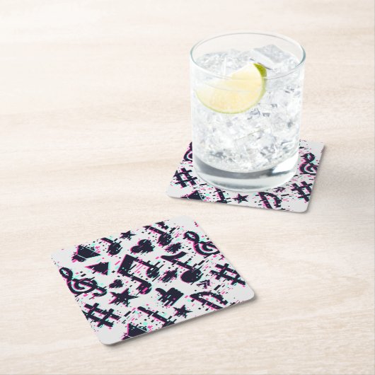 ゆがんだ楽譜とハートパターン スクエアペーパーコースター (インサイチュ)