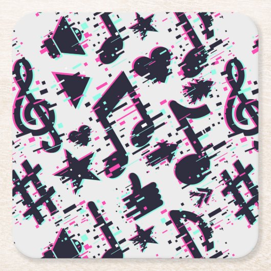 ゆがんだ楽譜とハートパターン スクエアペーパーコースター (正面)