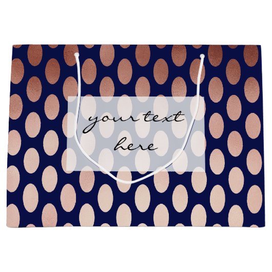 ゆとりのばら色の金ゴールドの濃紺の水玉模様パターン ラージペーパーバッグ (正面)