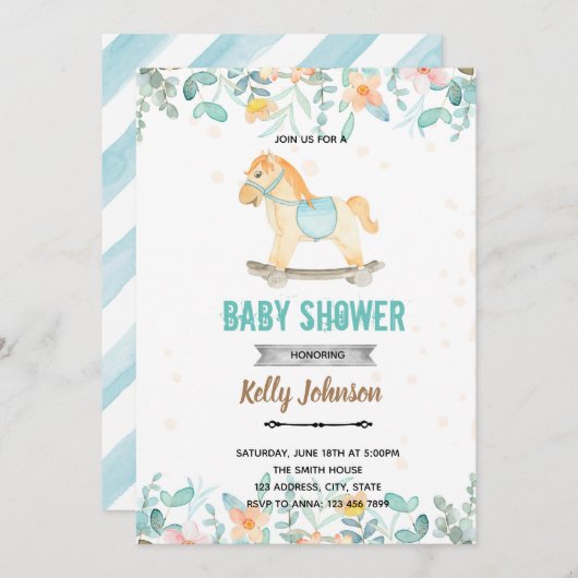 ゆらゆら馬のシャワー誕生日パーティー招待状 招待状 (正面/裏面)