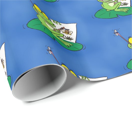 ゆりパッドの漫画パターン上の幸せな緑のカエル ラッピングペーパー (ロールコーナー)