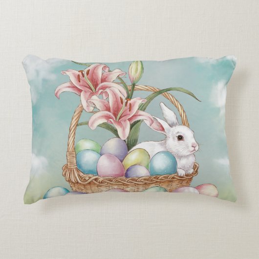 ゆり水彩及びパステルエッグとバニーの入ったバスケット アクセントクッション (正面)