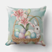 ゆり水彩及びパステルエッグとバニーの入ったバスケット クッション (正面)