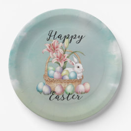 ゆり水彩及びパステルエッグとバニーの入ったバスケット ペーパープレート