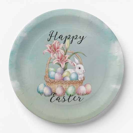 ゆり水彩及びパステルエッグとバニーの入ったバスケット ペーパープレート (正面)