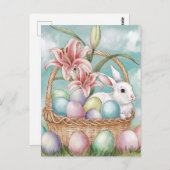 ゆり水彩及びパステルエッグとバニーの入ったバスケット ポストカード (正面/裏面)